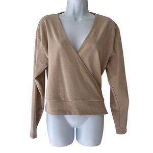 Asos Beige Wrap-Style Long-Sleeve Knit Top Womens S Neutral Minimalist Cozy
